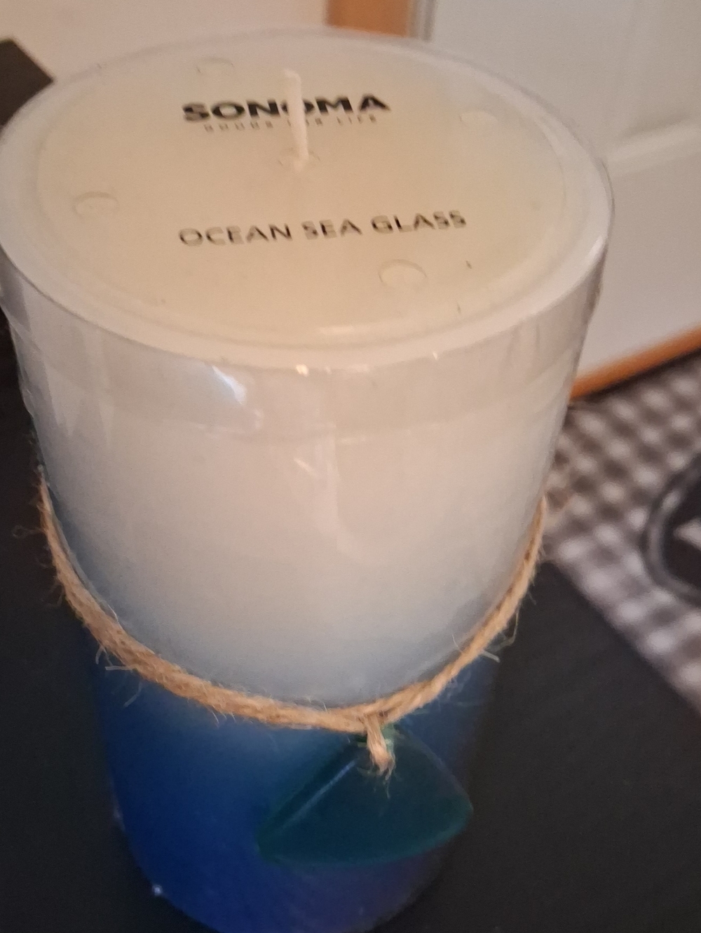 Sonoma KOHLS Blue and White Ombre Pillar Candle with Sea Glass Accent
